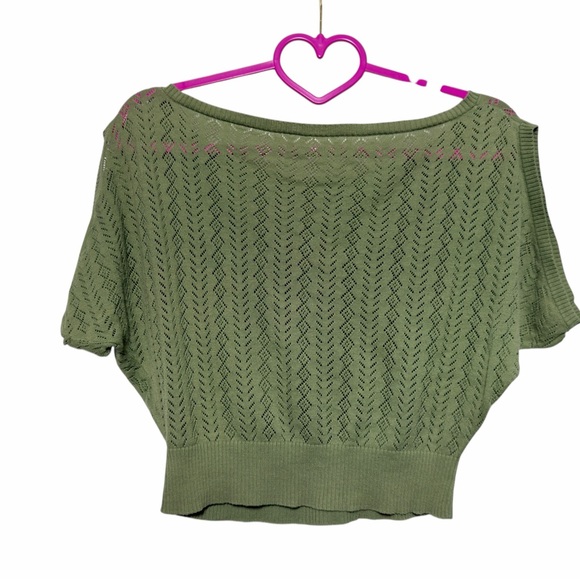 Olive Green Pointelle Cropped Knit Top – 100% Cotton - Picture 3 of 7